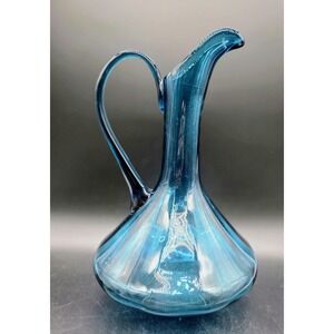 Vintage Mid-Century Modern Empoli Art Glass Decanter Blue Handle 12"